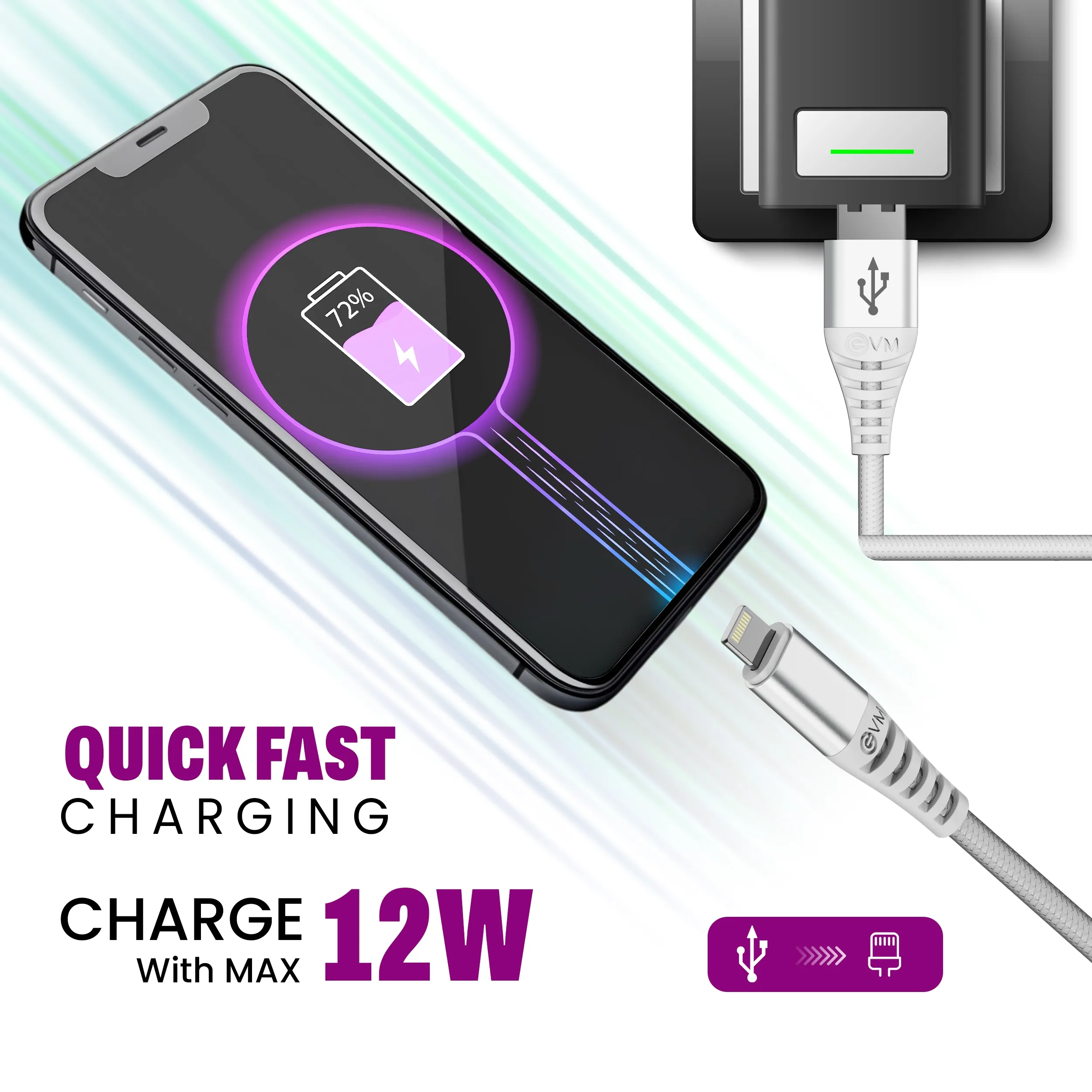 EVM Iphone  Lightning Charge & Sync Cable (Metal Head Nylon Braided Cable) EVM-CM-013 view 6